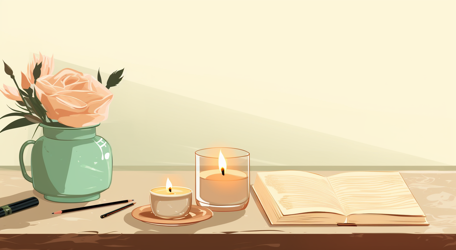 A tan desk with a journal, pencils, a teal vase of pink flowers, and two candles burning