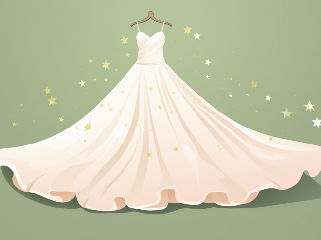 A wedding dress with gold stars on it hangs on a hanger.
