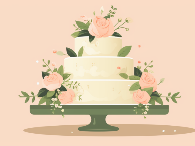 A three-tiered wedding cake decorated with pink flowers and leaves.