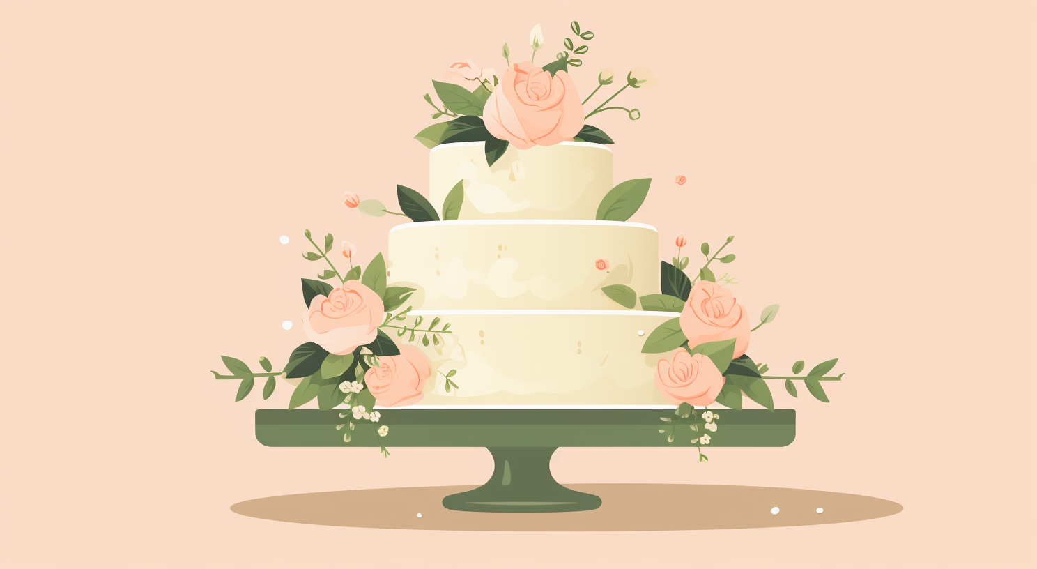 A three-tiered wedding cake decorated with pink flowers and leaves.
