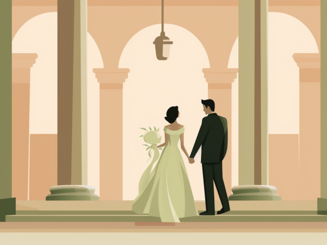 A bride and groom stand inside a courthouse.