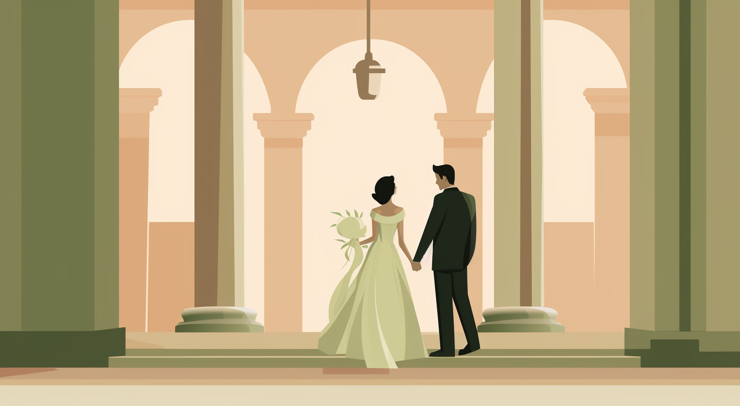 A bride and groom stand inside a courthouse.