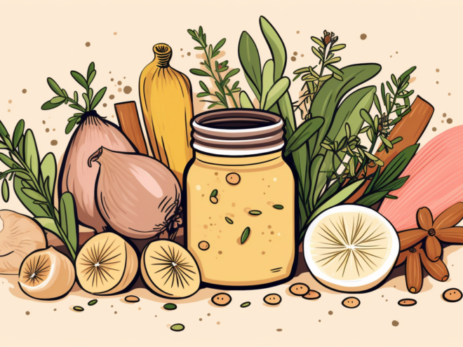 An illustrated email of the ingredients for fire cider include onions, lemons, rosemary, cinnamon, star anise, and thyme