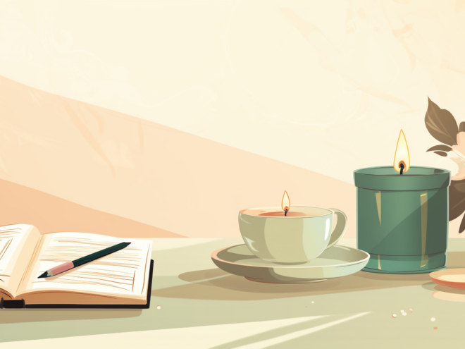 An illustrated image of a journal and pen on a green table with three lit candles and a vase of flowers surrounding it