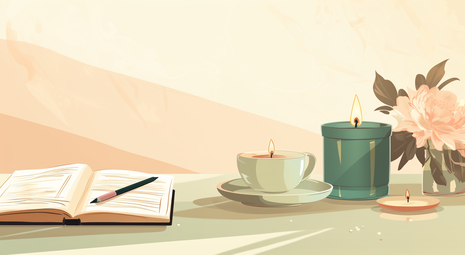 An illustrated image of a journal and pen on a green table with three lit candles and a vase of flowers surrounding it