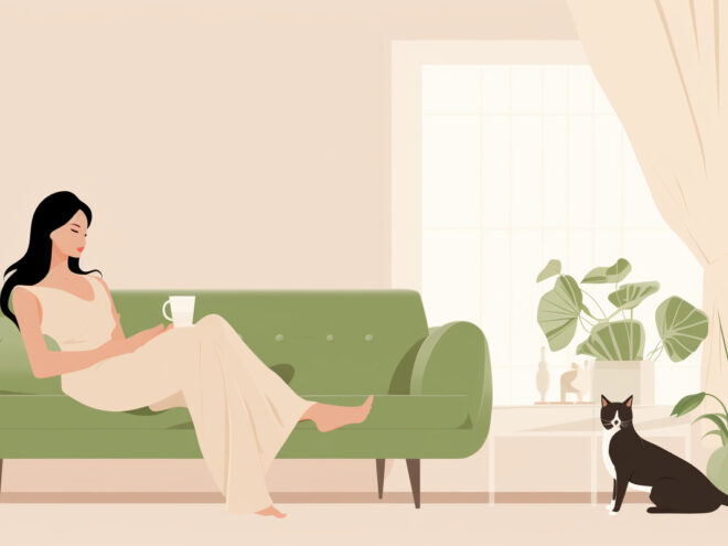 A woman lounges on a couch with a cat sitting on the floor.