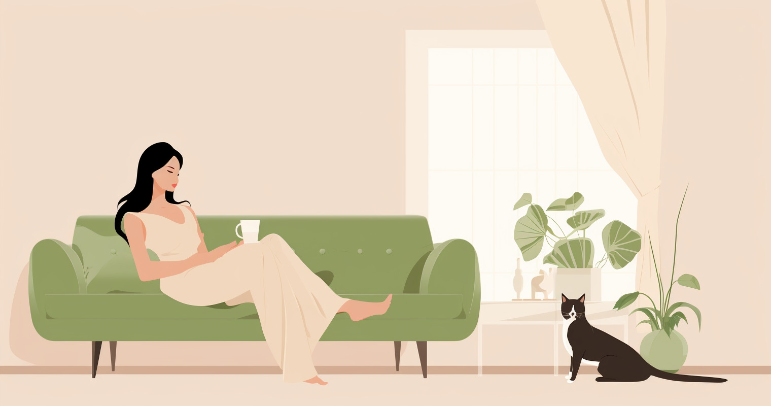 A woman lounges on a couch with a cat sitting on the floor.