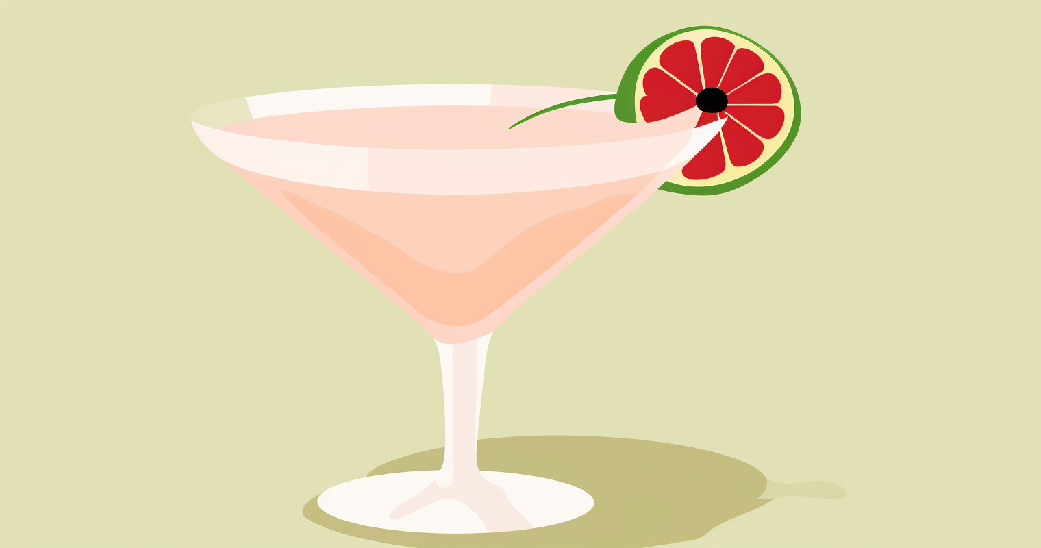 A pink drink in a martini glass with a fruit slice on the rim.