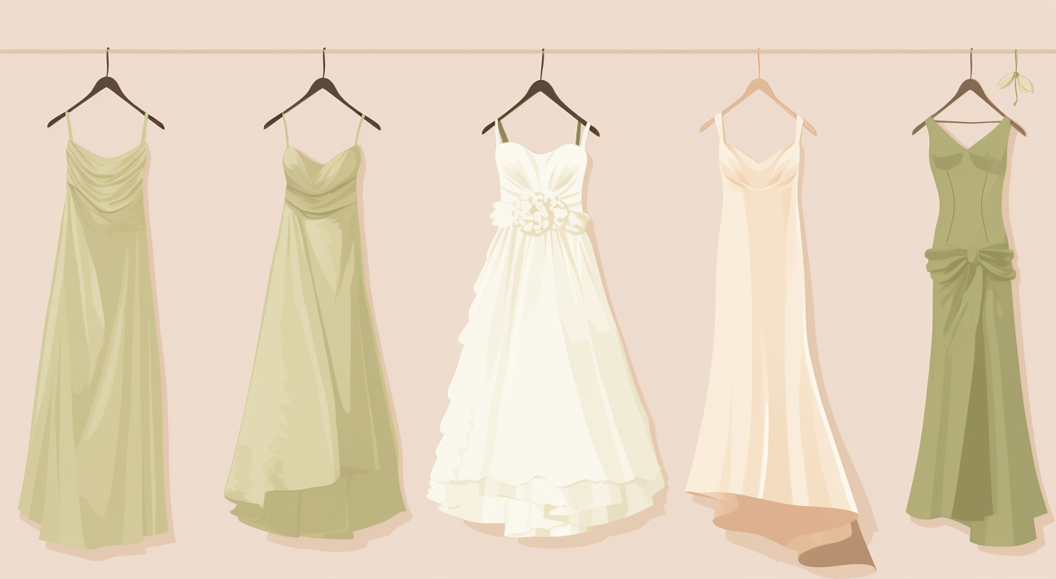 A wedding dress and four bridesmaid dresses hang on a rack.
