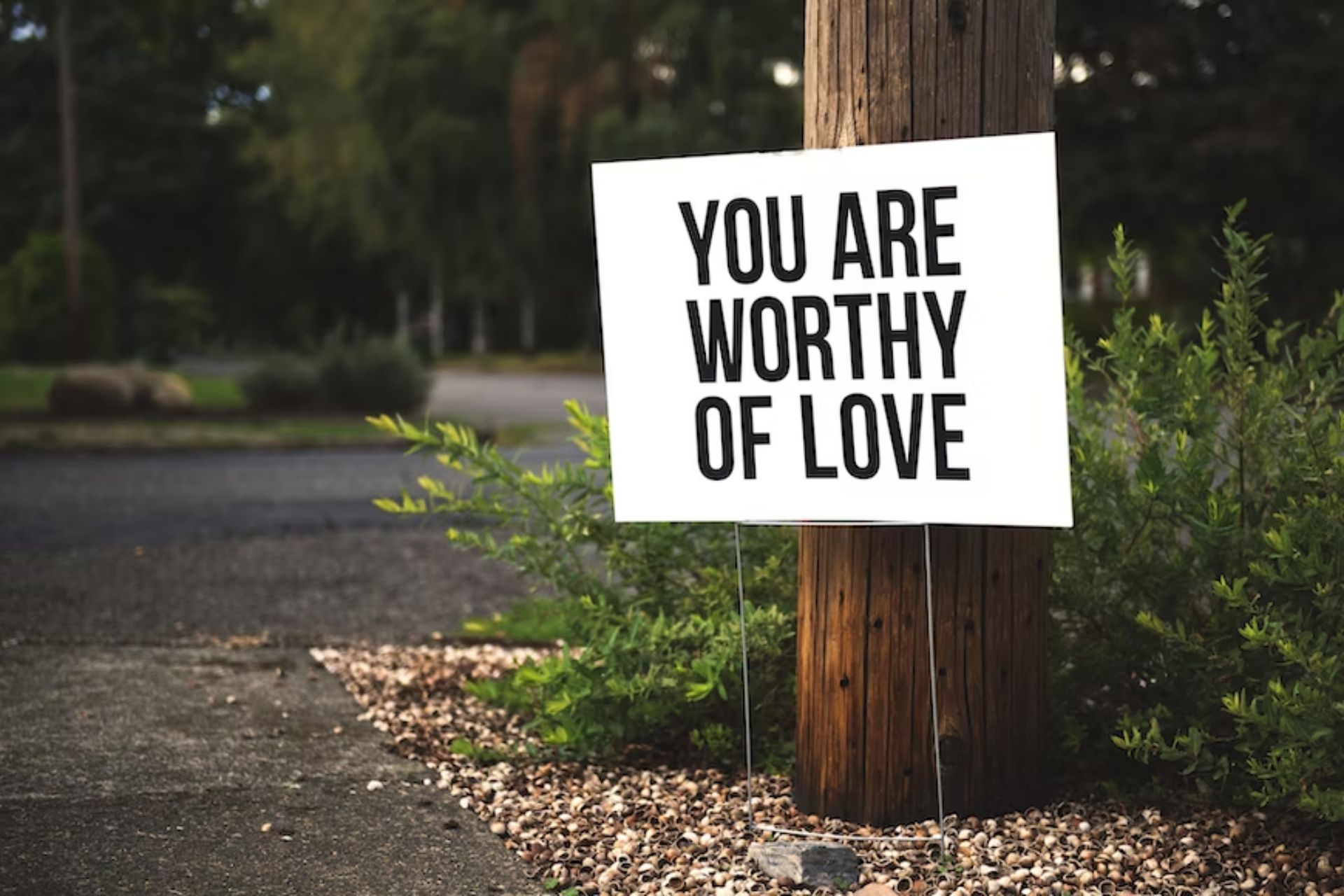 Image features a thick wooden pole on the side of the road. Directly in front of it is a white sign with black capital letters that reads: "You are worthy of love." This message can also help you in your journey of learning how to love your body.