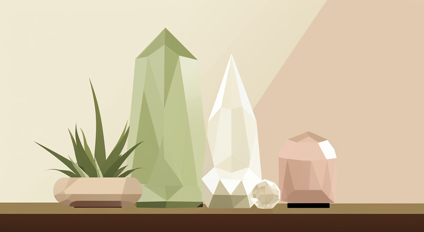 Various sized crystals sit on a table next to a plant.