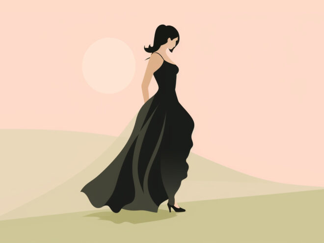 A woman wearing a black formal dress.