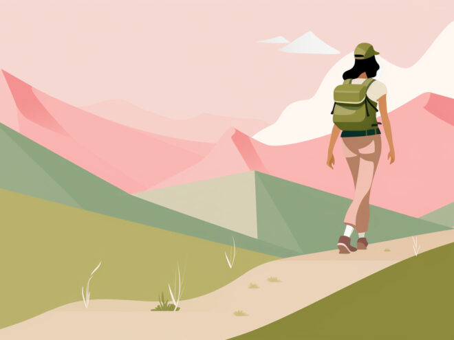 A colorful drawing of a woman hiking through mountains.