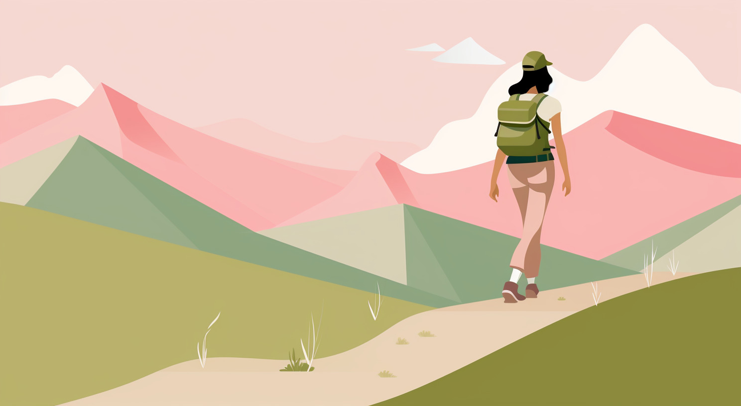 A colorful drawing of a woman hiking through mountains.
