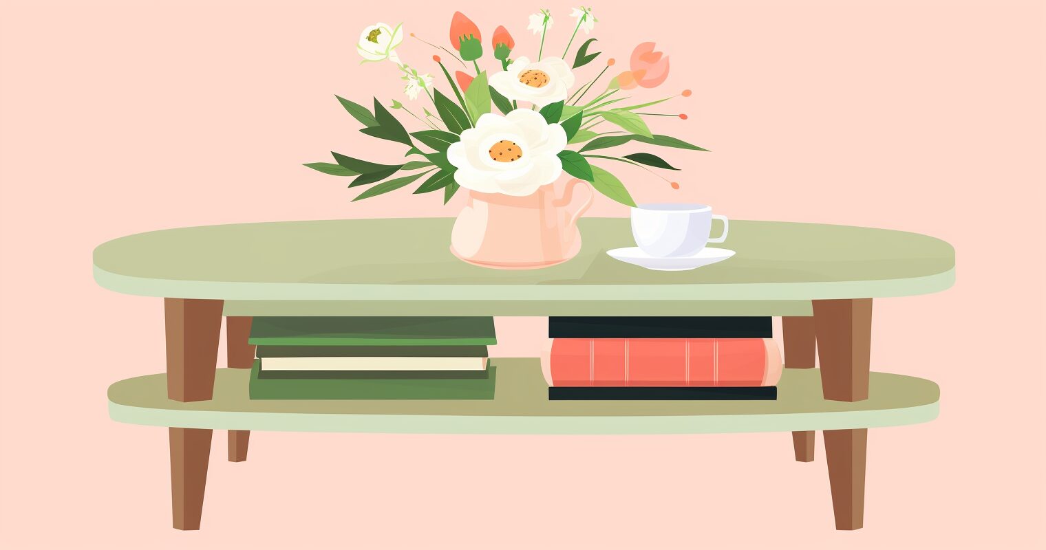 A coffee table with books, a teacup and a vase of flowers.
