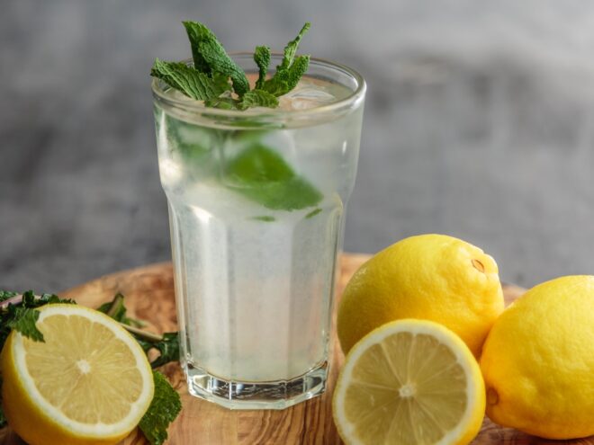 A glass of lemon water.