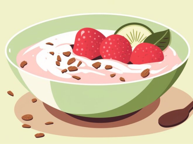 A smoothie bowl with strawberries and kiwi.