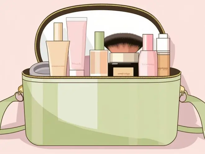 A travel makeup bag full of products.