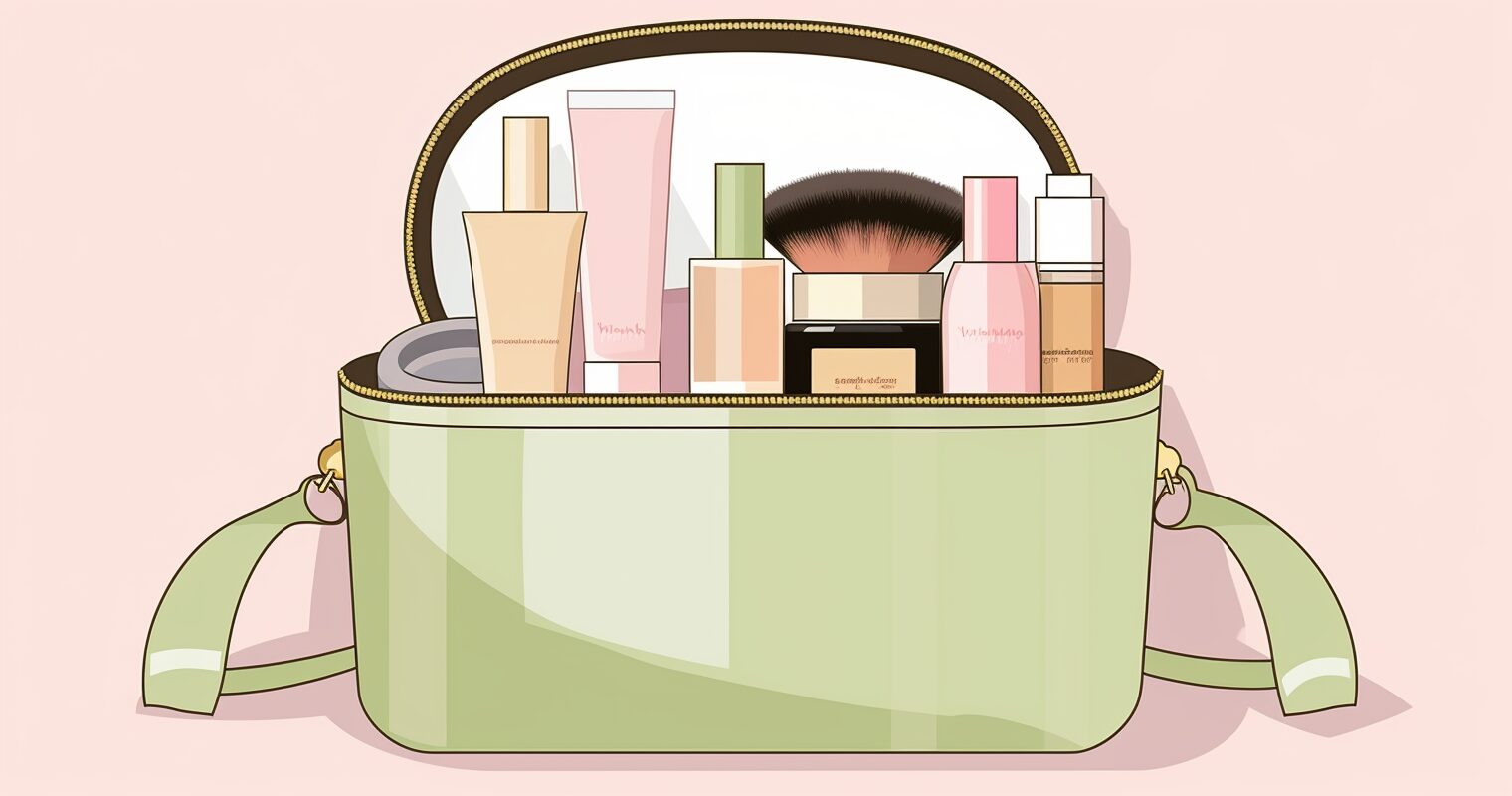 A travel makeup bag full of products.