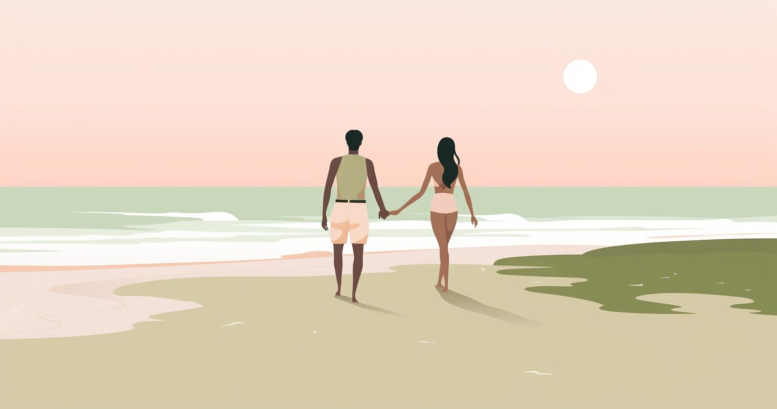 A couple walks on the beach.