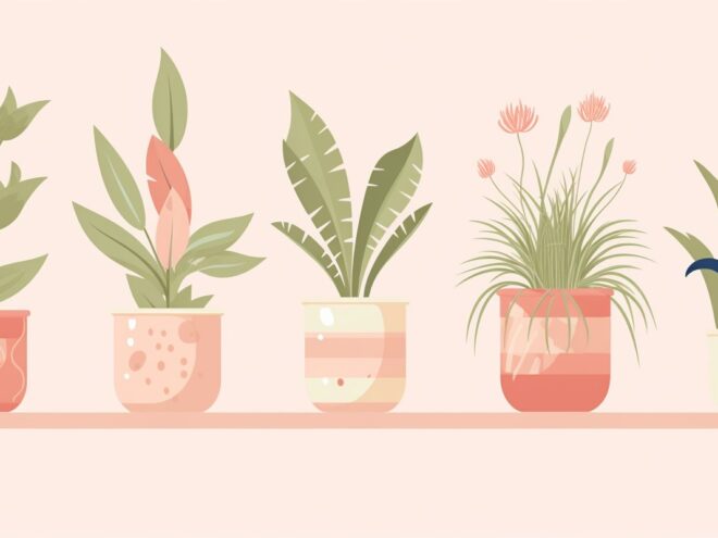 A variety of houseplants in pink pots.