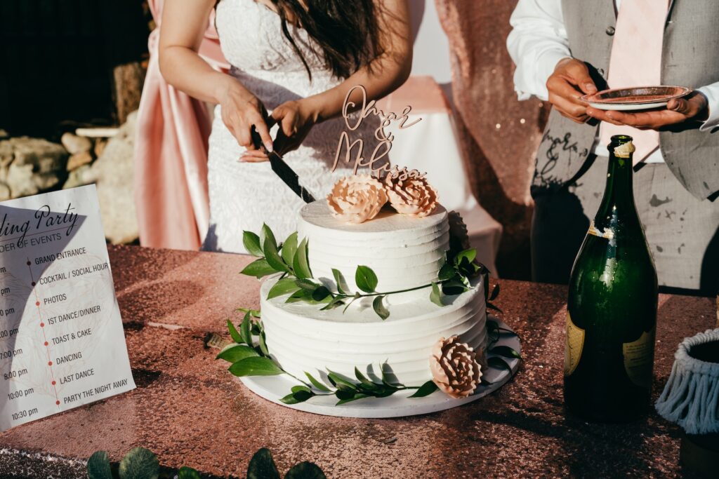 Bride cutting a wedding cake and the groom standing next to her with a plate