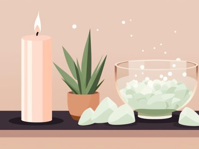 A candle, plant and crystals on a table.