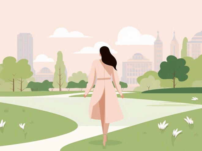 A woman walking in a park.