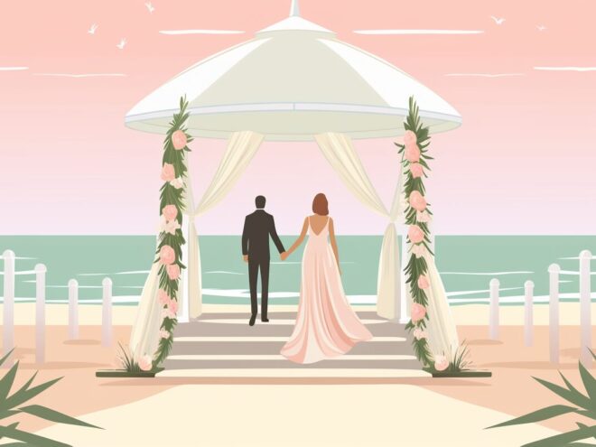 A bride and groom stand in a gazebo on the beach.