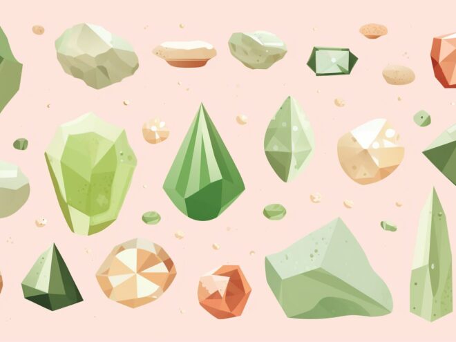 An assortment of pink and green crystals.