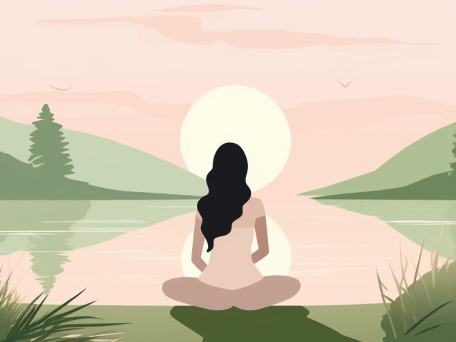 A woman meditating in front of a lake.