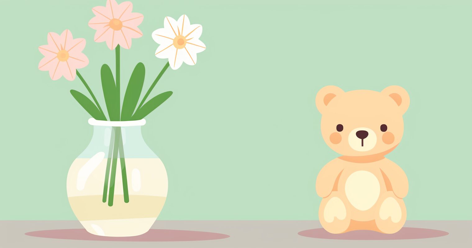 A vase of flowers and a teddy bear.