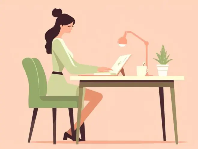 A woman sitting at a desk working on a computer.