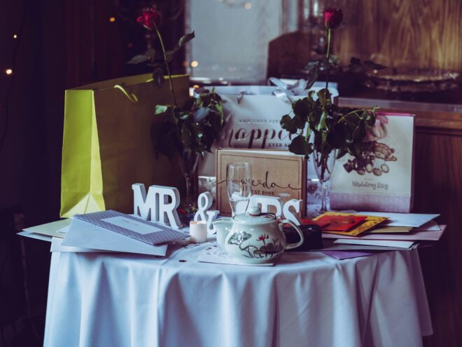 Assorted wedding gifts on a table