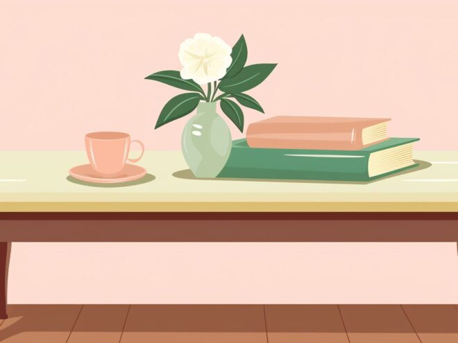 A stack of books, a flower vase and a cup of coffee sit on a coffee table.