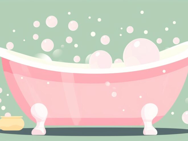 A pink bathtub full of bubbles.