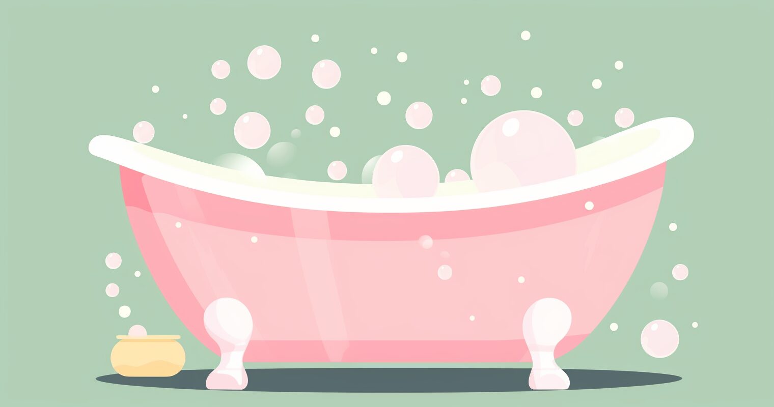 A pink bathtub full of bubbles.