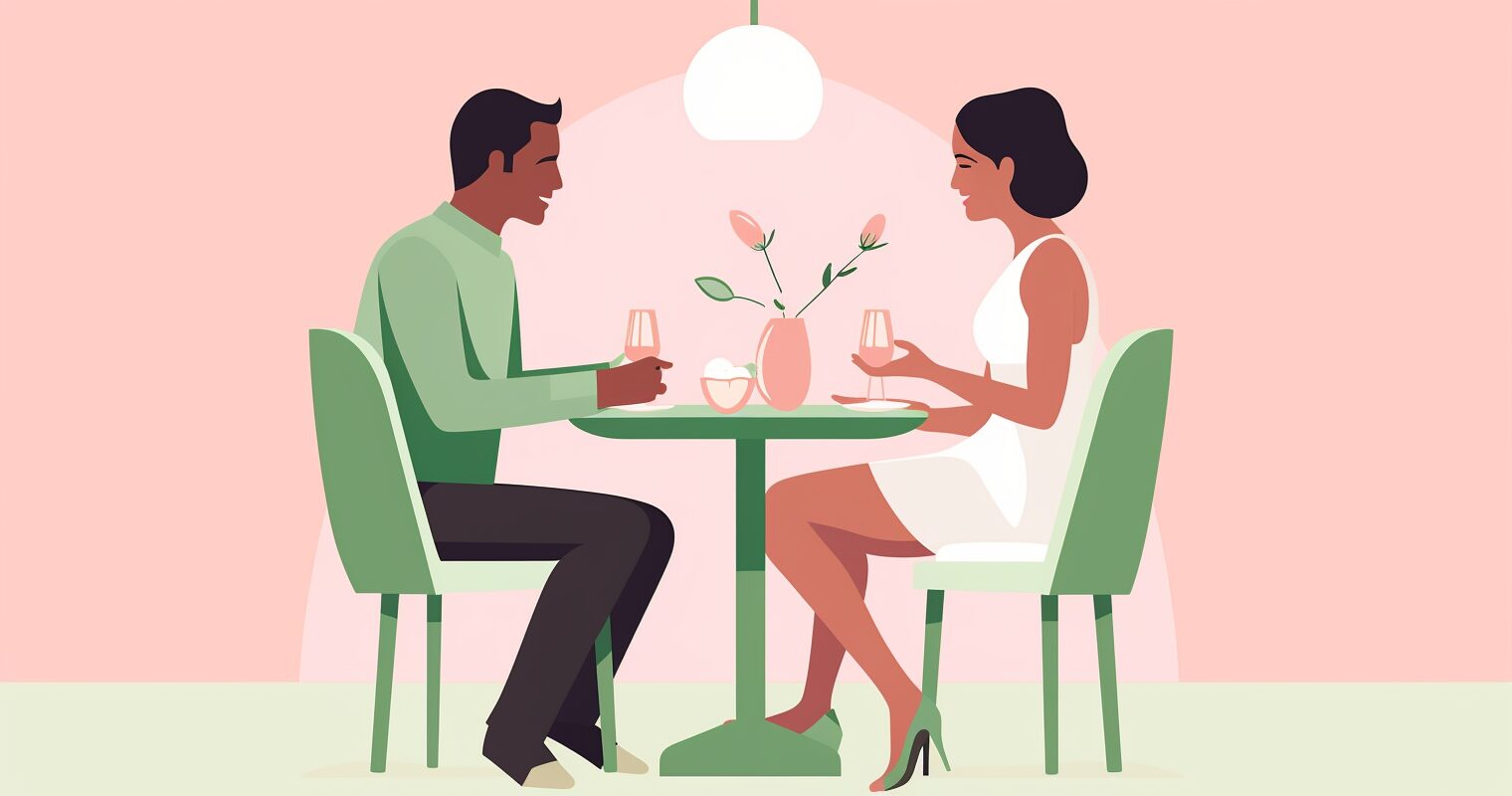 A man and a woman sitting at a table talking and drinking wine.