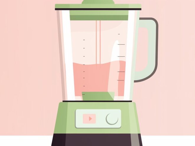 A green blender blending a pink smoothie.