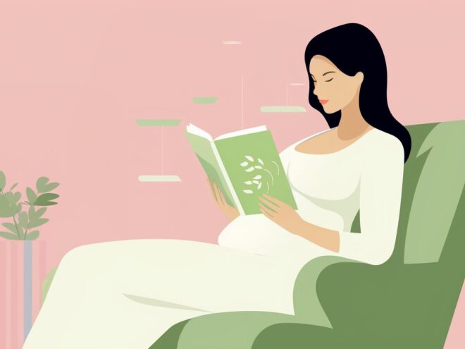 A pregnant woman reads in an arm chair.