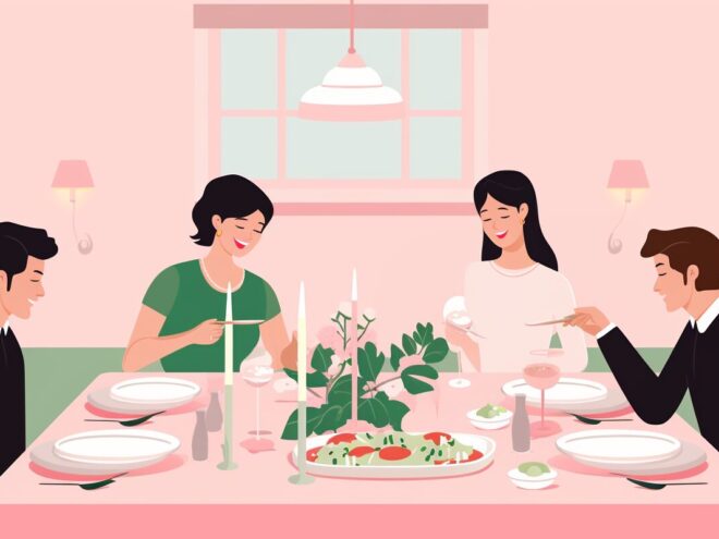 Four people sit around a dinner table.