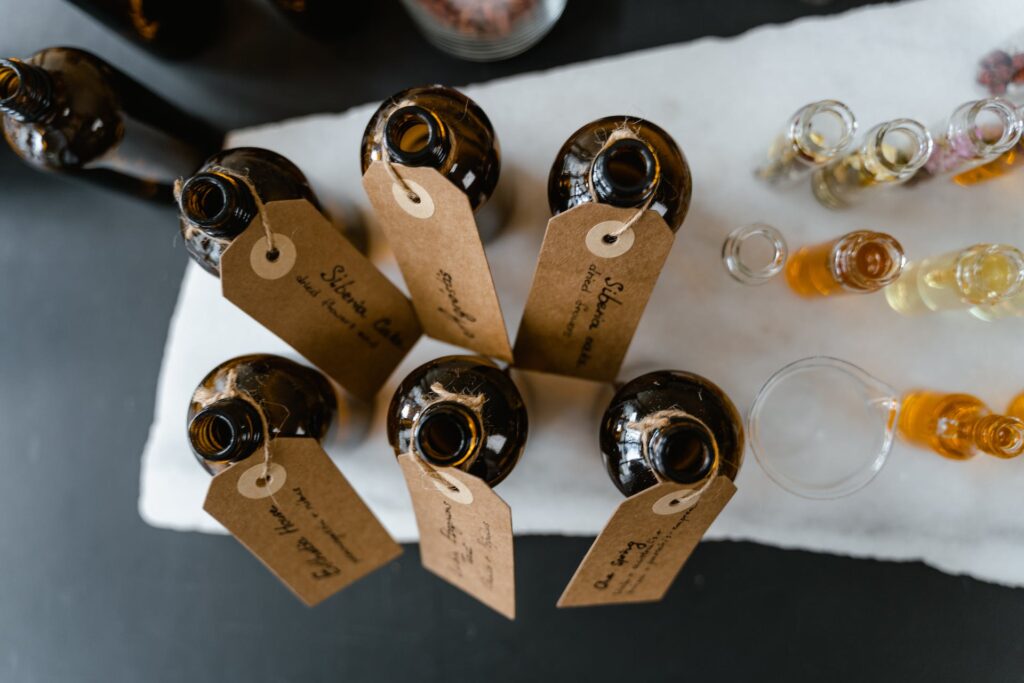 Bird's eye view of glass bottles with labels 