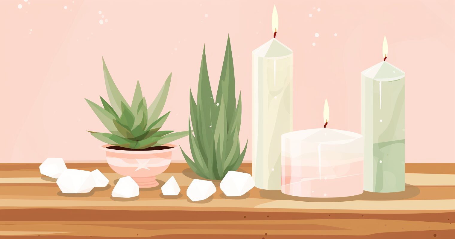 A collection of crystals on a table with plants and candles.