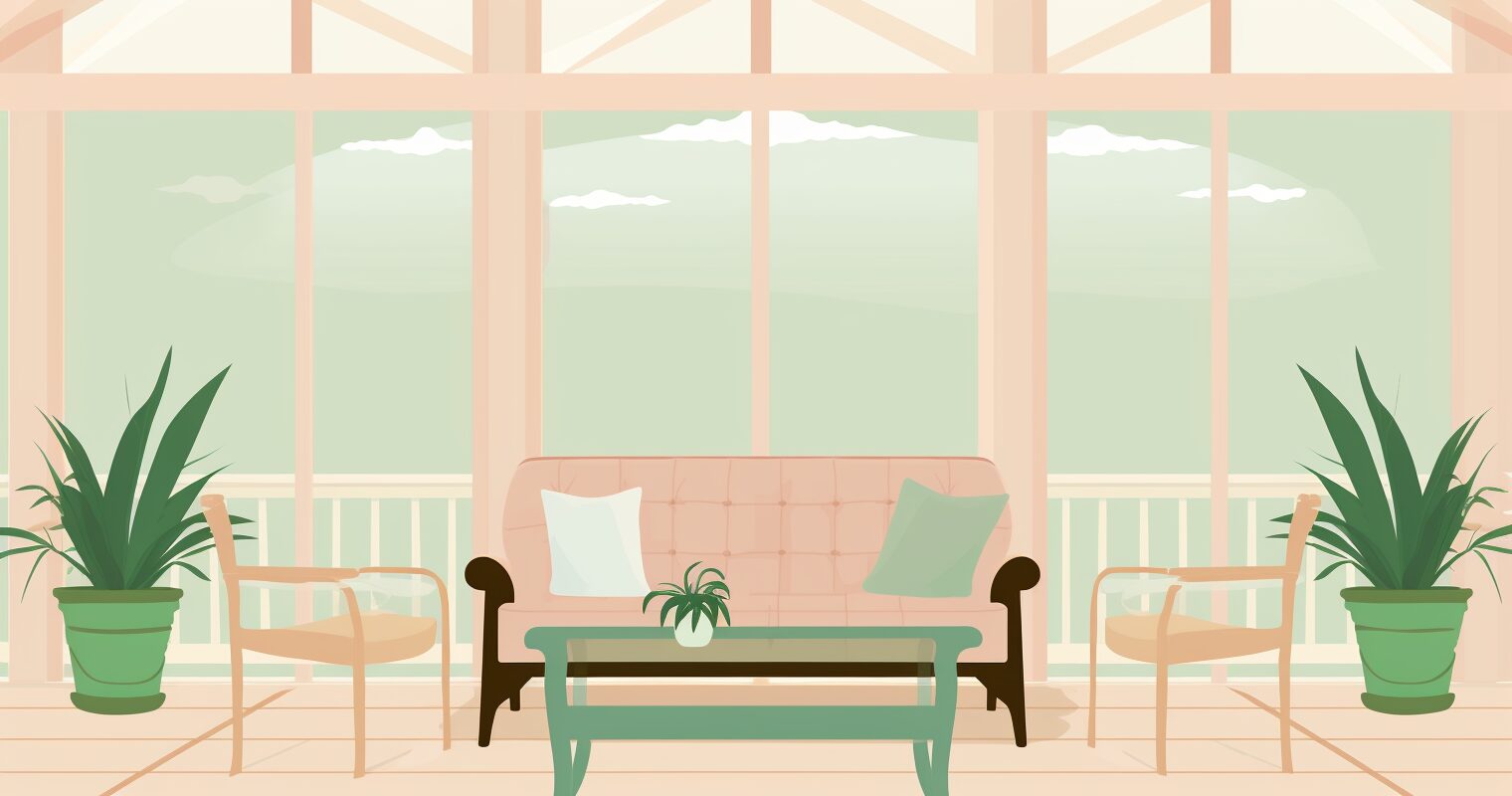 A screened in porch with a couch, chairs, table and plants.