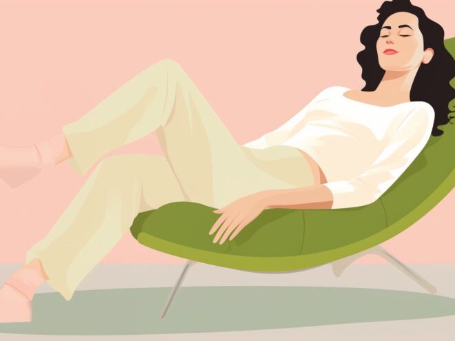A woman relaxing in an armchair.