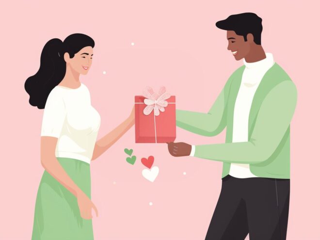 A woman gives a man a Valentine's Day gift.