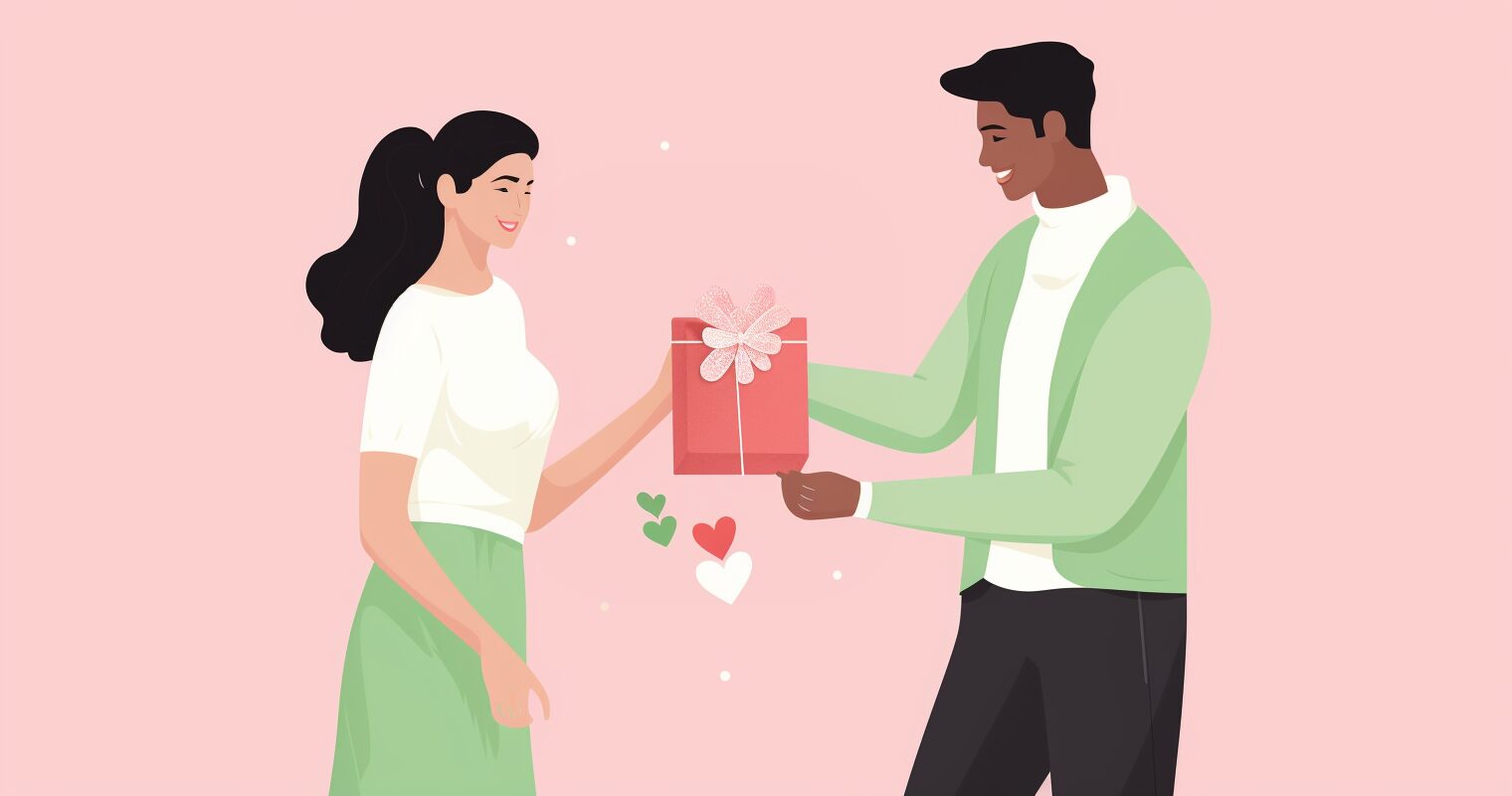 A woman gives a man a Valentine's Day gift.