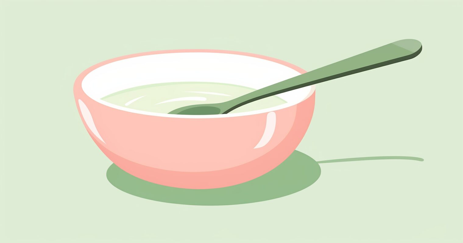 A bowl of soup with a spoon.
