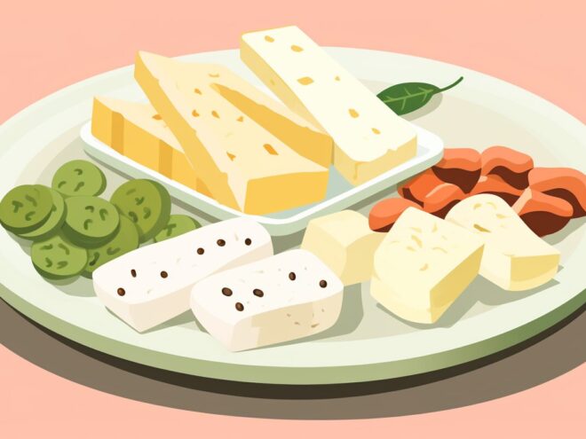 An arrangement of cheese, meat and pickles on a plate.