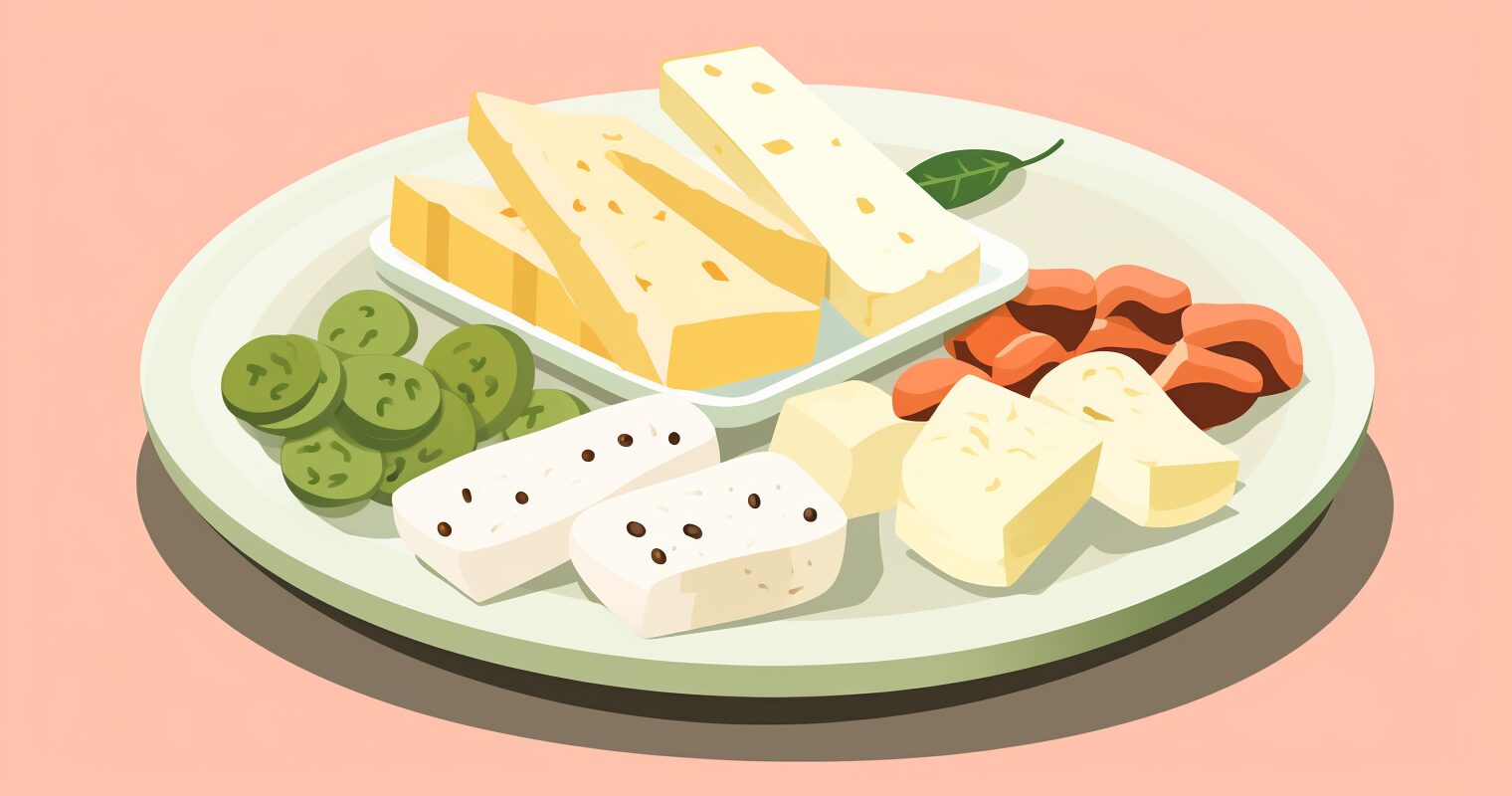 An arrangement of cheese, meat and pickles on a plate.